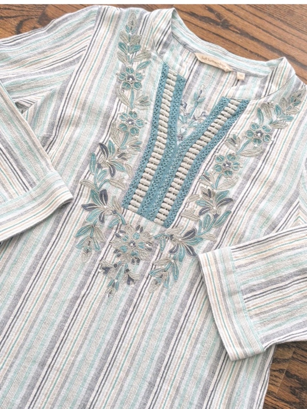Soft Surroundings Teal, Light Gray & White Striped Embroidered Tunic